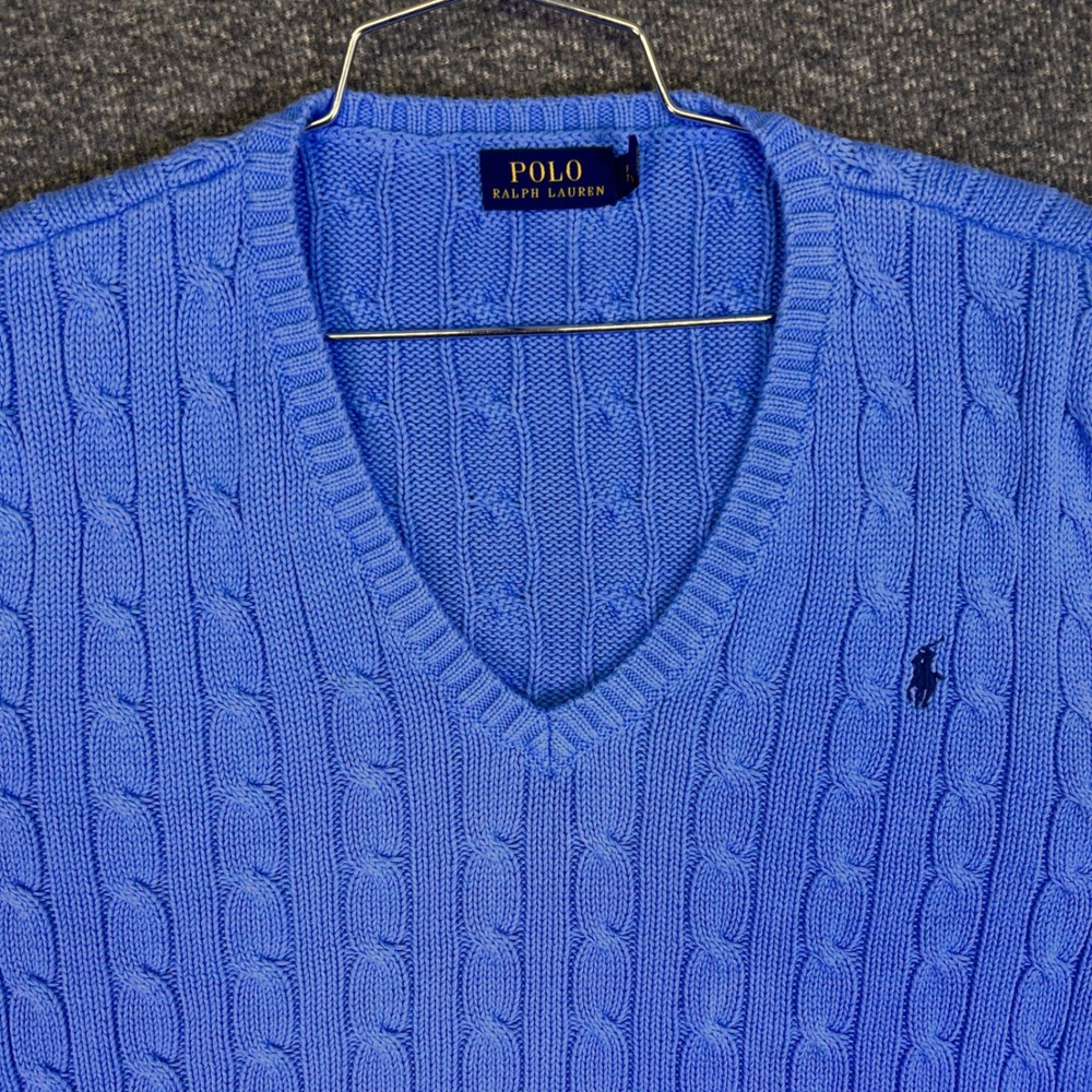 Polo Ralph Lauren V-Neck Sweater Mens XL Blue Cable Knit Casual Cotton Pony Logo - Picture 7 of 15